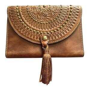 Patricia Nash Colli Flap Wallet Brown Distressed Leather Tassel Boho Western